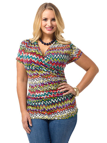 Faux Wrap Shirred Top In Chevron