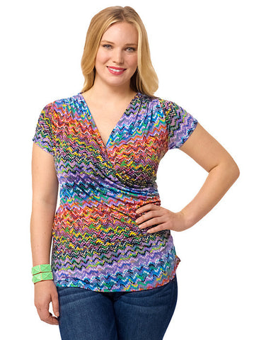 Faux Wrap Shirred Top In Abstract Print