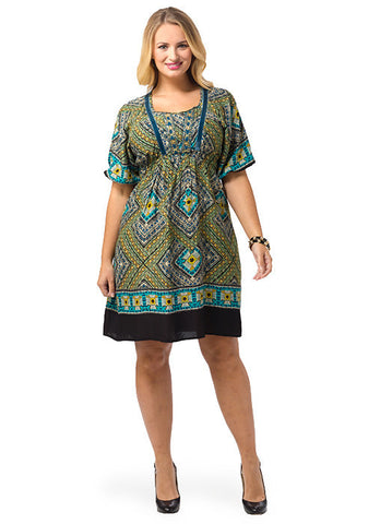 Short Sleeve Printed Peasant A-Line Dress