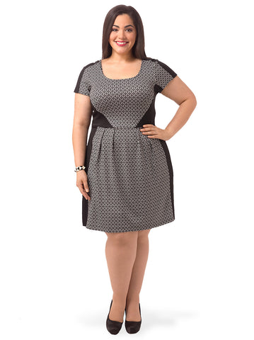 Geo Print Dress With Solid Trim