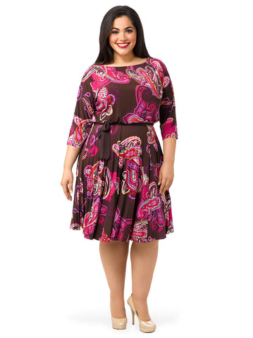 3/4 Sleeve Paisley Print A-Line Dress