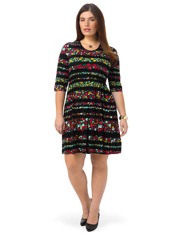 Three Quarter Sleeve Stripe Floral Dress