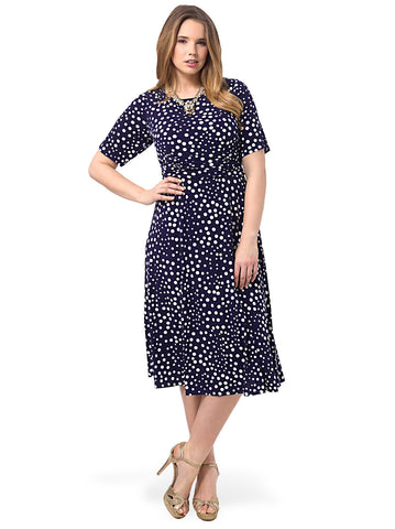 Ruched Waist Dress In Navy Polka Dot