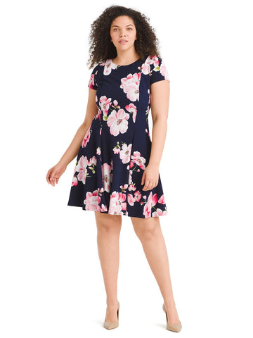 Pink Floral Seamed Fit And Flare Dress