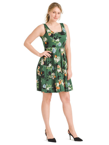 Green Floral Fit And Flare Dress