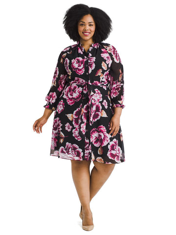 Ruffle Cuff Floral Shirt Dress