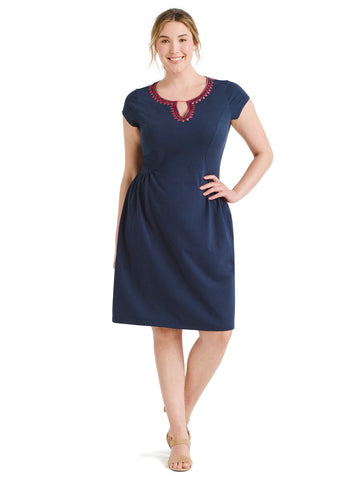 Embellished Split Neck Navy Dress