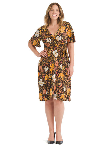 Vintage Floral Faux Wrap Jersey Dress