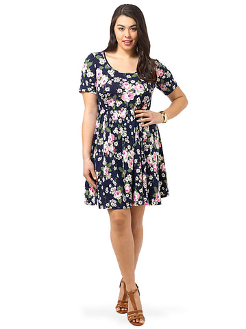 Navy Skater Dress In Rose Print