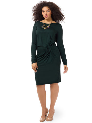 Boatneck Long Sleeve Knot Dress In Green