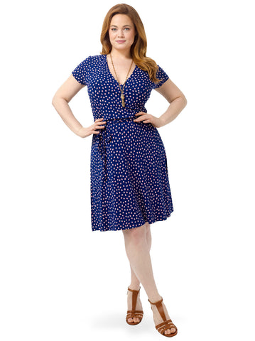 Shirred Surplice Dress In Blue Shadow Dots