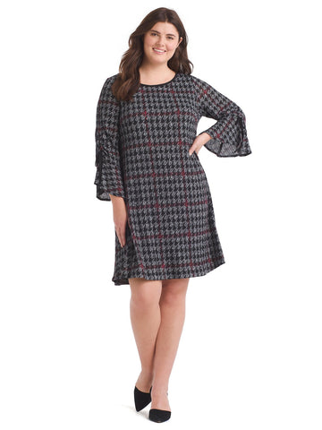 Houndstooth Tie Flare Sleeve Dress