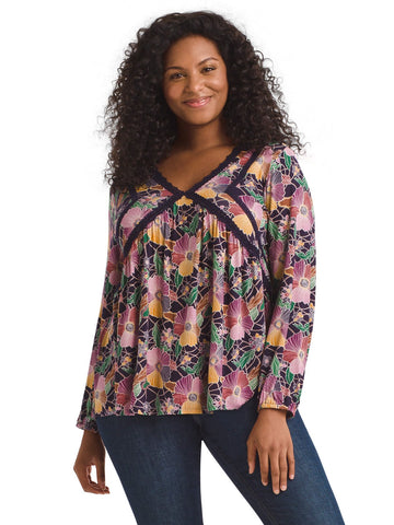 Blackberry Floral Lace Trim Sabrina Top