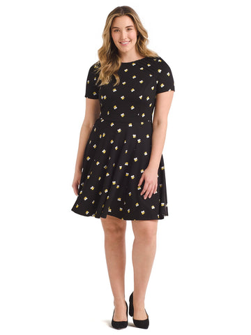 Black Bee Print Fit-And-Flare Dress