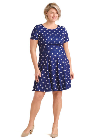 Navy Tea Cup Print Fit-And-Flare Dress