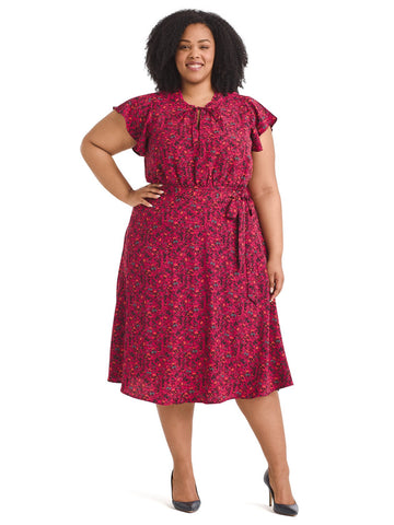 Flutter Sleeve Berry Ditsy Savoy Midi Dress