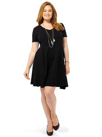 V-Neck Skater Dress With Seam Detail In Black