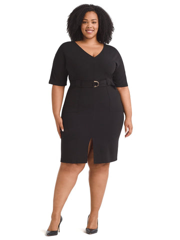 Black Belted Dolman Sleeve Sheath Dress