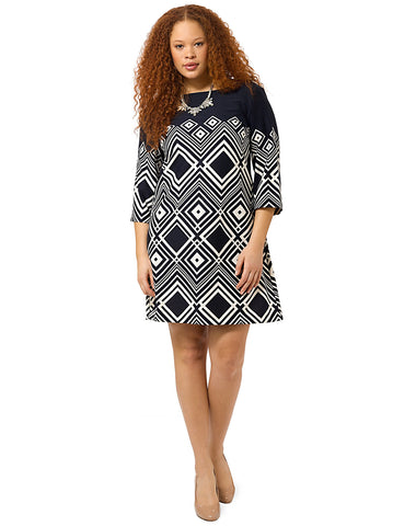 Geometric Shift Dress In Navy & Ivory