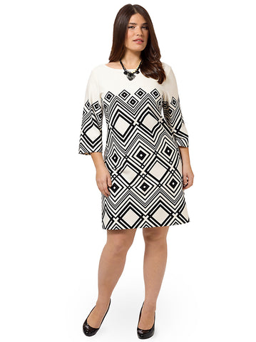 Geometric Shift Dress In Ivory & Black