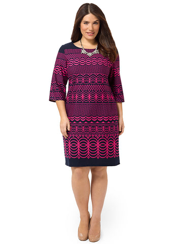 Printed Shift Dress In Navy & Raspberry