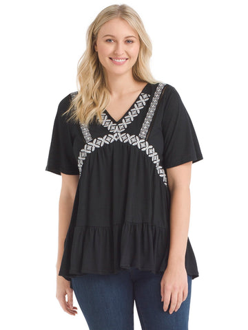 Embroidered Black V-Neck Top