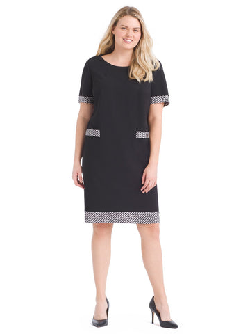 Checked Trim Black Shift Dress