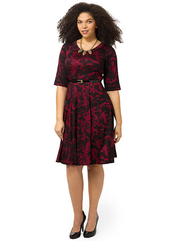 Black & Red Rose Print Skater Midi Dress With Patent Belt