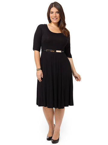 Black Skater Jersey Midi Dress With Metallic Bar Trim Belt