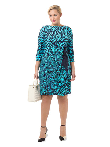 Side Tie Dress In Aqua & Navy Print