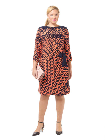 Side Tie Dress In Coral Geo Print