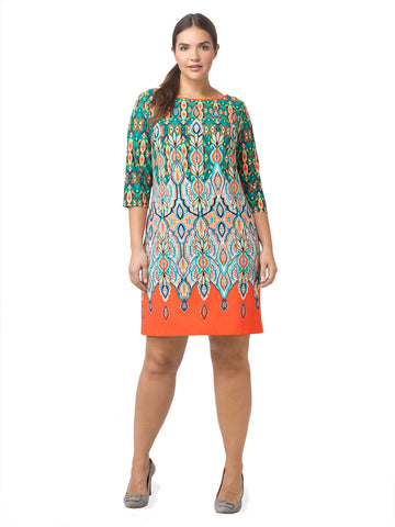 Printed Shift Dress With Orange Border