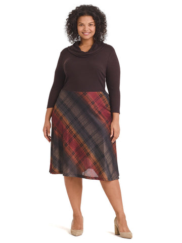 Cowl Neck Plaid Twofer Dress