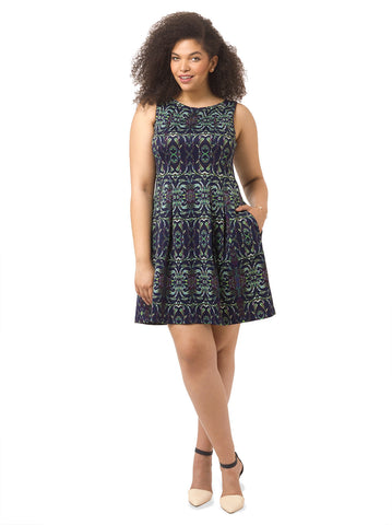 Printed Boatneck Dress In Navy & Purple