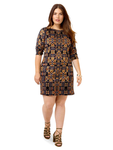 Shift Dress In Golden Floral Print