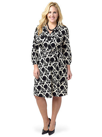 Three-Quarter-Sleeve Printed Belted Shirt Dress