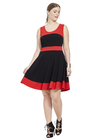 Black Spliced Skater Dress With Cherry Red Trim