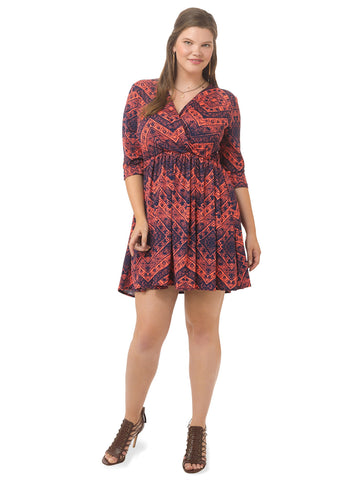 Sativa Dress In Coral & Navy Aztec