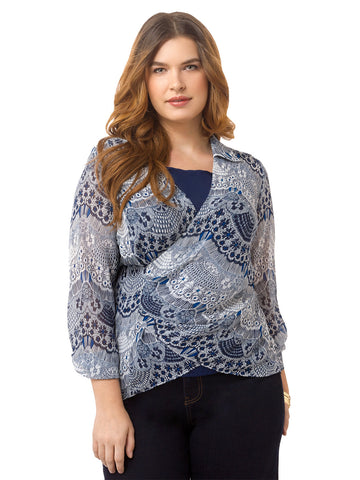 Navy Lace Print Faux Wrap Shirt