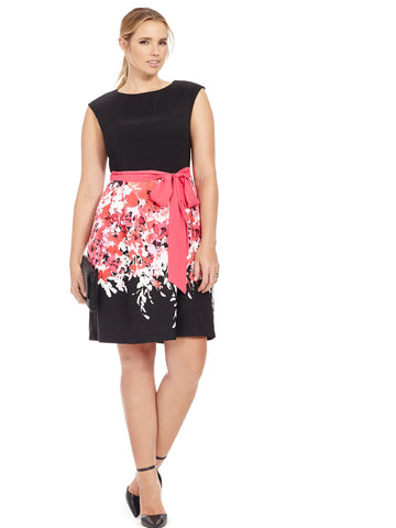 Black & Pink Floral Dress With Sash