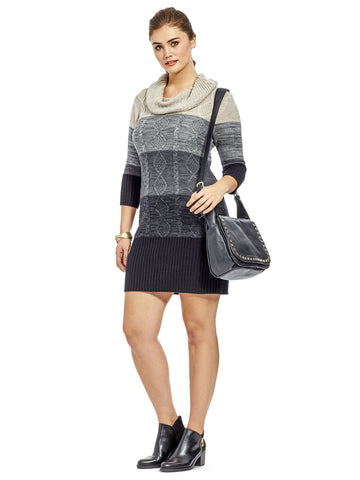 Colorblock Sweater Dress With Cowl Neck