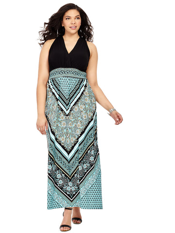 Scarf Print Dress In Black & Aqua