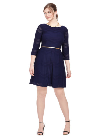 Navy Belted Dress In Mesh Chevron