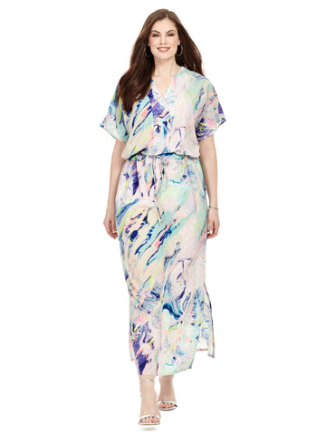 Pastel Printed Drawstring Maxi Dress