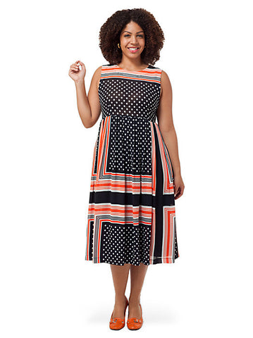 Midi Dress In Spot And Stripe Print